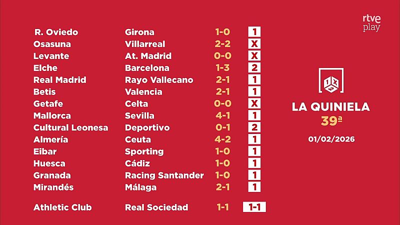 Sorteo de la Quiniela: 03/02/2026 - Jornada 39 - Loter�as | Ver