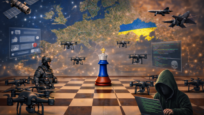Una composición visual que combina elementos de guerra tradicional y ciberseguridad, con un tablero de ajedrez dominado por un rey ruso, un soldado, un hacker, drones, un mapa de Europa con la bandera ucraniana y pantallas con interfaces digitales.
