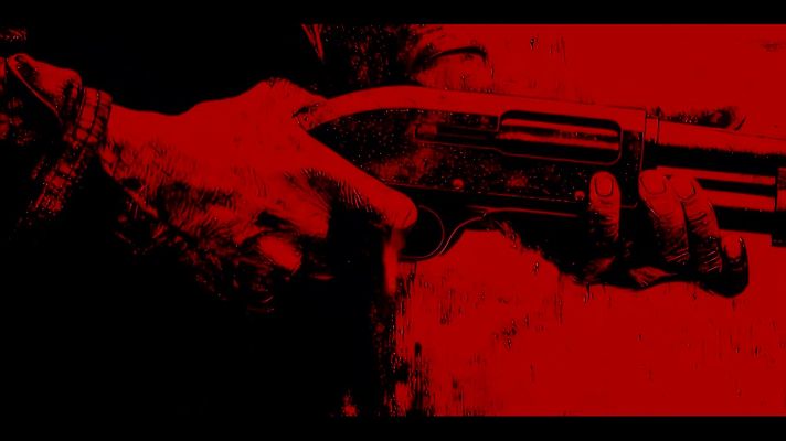 Una mano sostiene una escopeta negra, con un filtro de color rojo y negro aplicado a la imagen, sugiriendo una escena de acción o tensión.