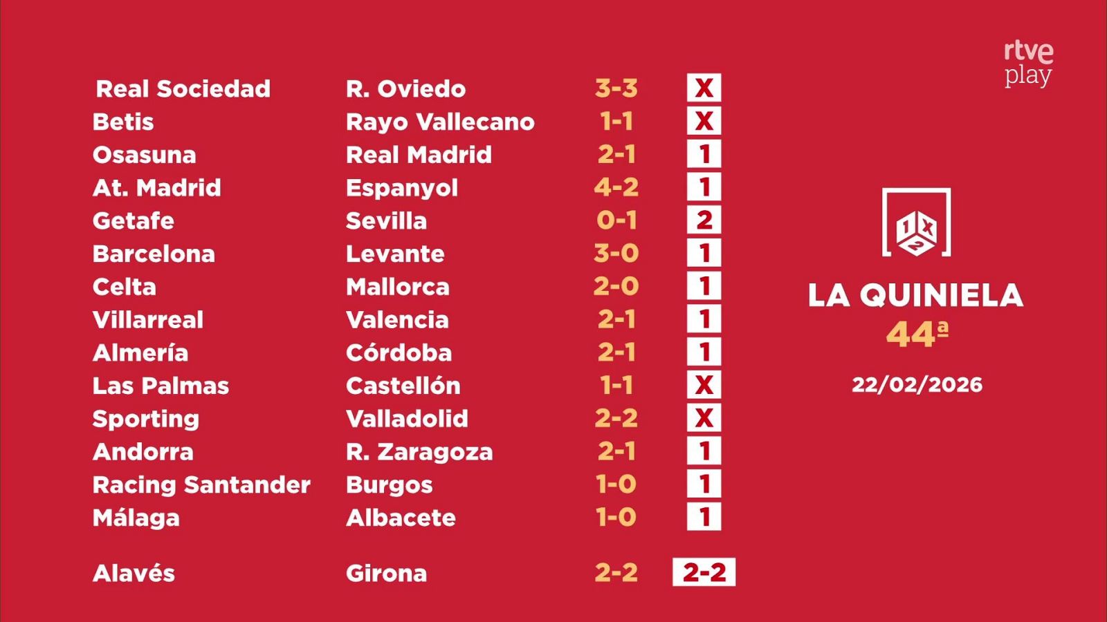 Sorteo de la Quiniela: 24/02/2026 - Jornada 44 - Loterías | Ver