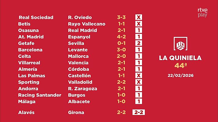 Loterías - Sorteo de la Quiniela del 24/02/2026 - Jornada 44