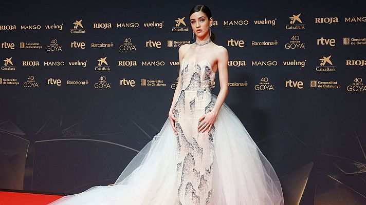 En la alfombra roja, una mujer con un vestido largo y estampado posa para la cámara. El diseño del vestido incluye una falda de tul y la mujer lleva joyas y el pelo recogido.
