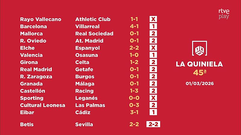 Sorteo de la Quiniela: 03/03/2026 - Jornada 45 - Loterías | Ver
