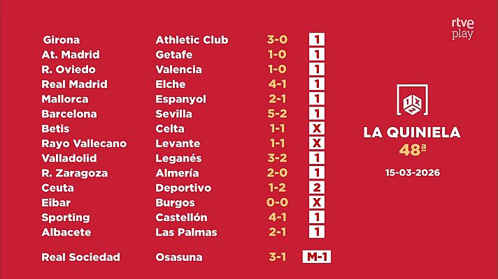 Loterías - Sorteo de la Quiniela del 17/03/2026 - Jornada 48