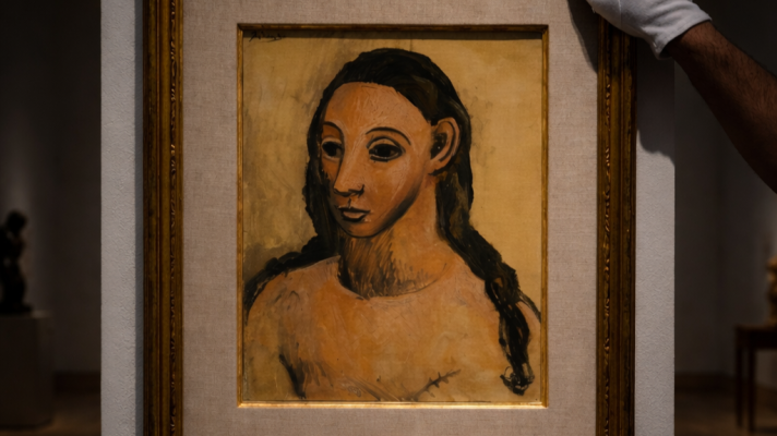 Un retrato de estilo moderno, posiblemente cubista o expresionista, muestra a una mujer con cabello oscuro y largo, y piel clara, enmarcado en un marco dorado y sostenido por una mano enguantada.