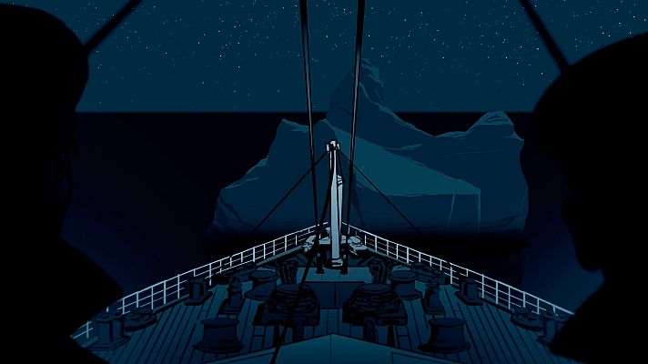 Vista nocturna de la proa de un barco, con dos figuras en primer plano y un iceberg en el horizonte. El cielo estrellado crea una atmósfera de calma tensa.
