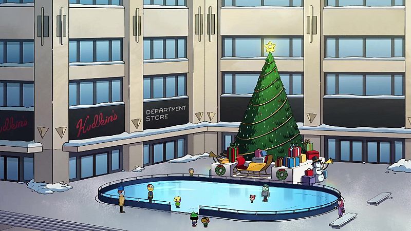 Una plaza urbana se transforma en un escenario navideño con una pista de hielo, un árbol de Navidad adornado y edificios con letreros. La escena invernal incluye patinadores, regalos, un muñeco de nieve y nieve cubriendo el suelo.
