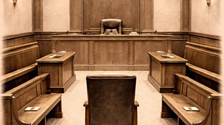 Interior de una sala de audiencias con mobiliario de madera oscura. Se aprecia una silla de cuero en primer plano, bancos con documentos y, al fondo, el estrado principal con mesas y sillas.