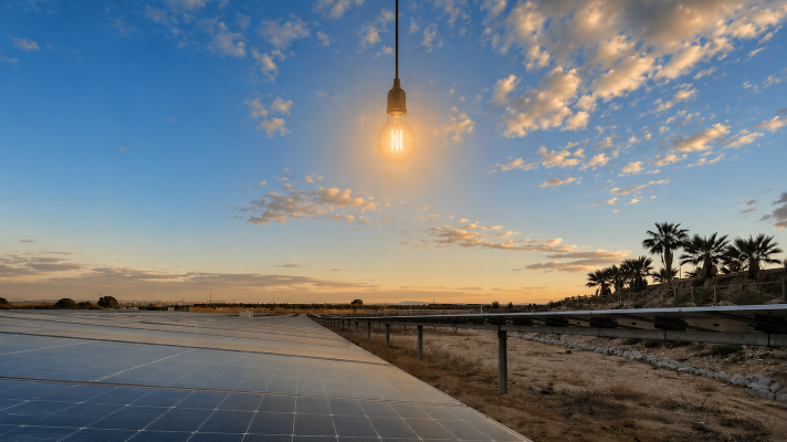 Campo de paneles solares bajo un cielo anaranjado y rosado, con una bombilla incandescente brillando en el centro superior.