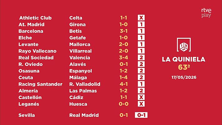 Loterías - Sorteo de la Quiniela del 19/05/2026 - Jornada 63