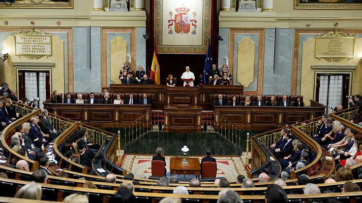 El papa León XIV, durante el discurso que ha pronunciado en el Congreso este lunes.