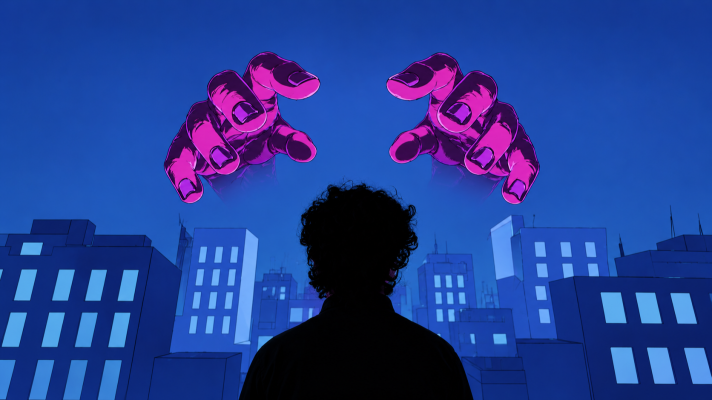 Ilustración digital con figura solitaria, ciudad estilizada y manos magenta vibrante. Paleta de colores fríos y atmósfera surrealista.