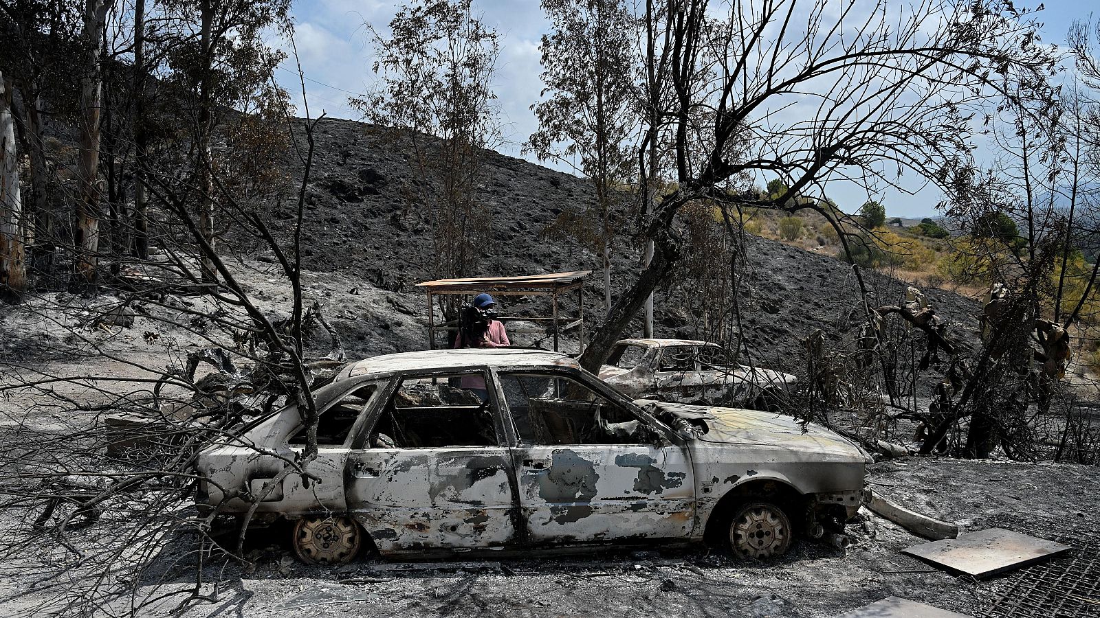 Paisaje devastado por incendio con árboles carbonizados, dos coches calcinados y una persona observando la destrucción.