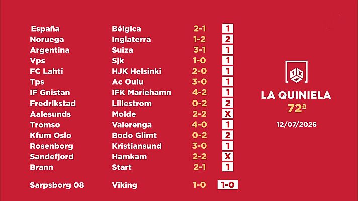 Loterías - Sorteo de la Quiniela del 13/07/2026 - Jornada 72