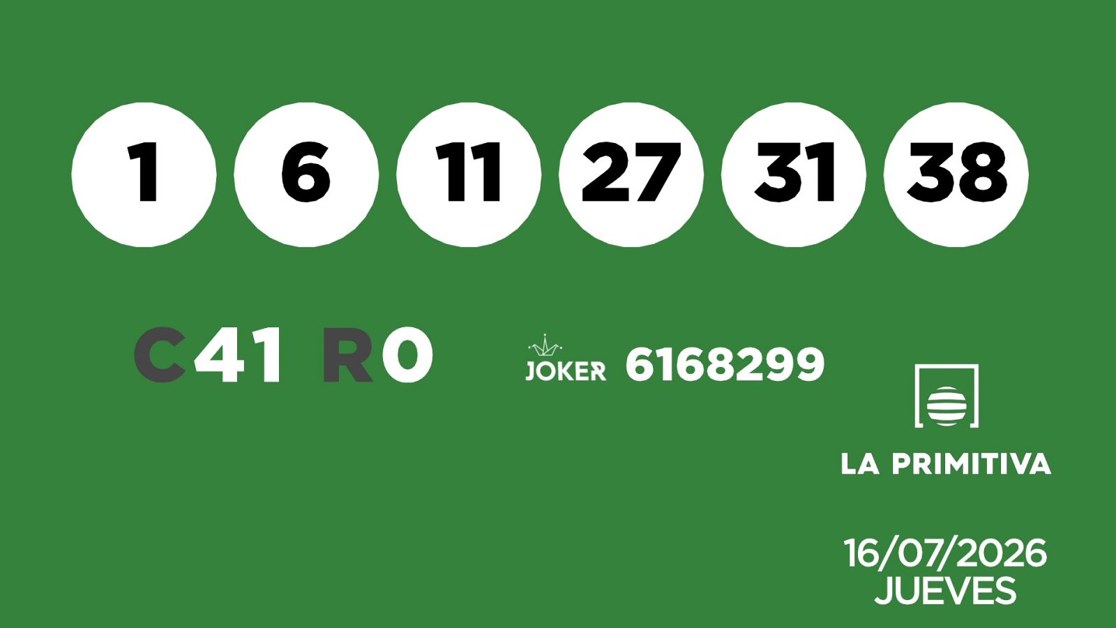 Sorteo de la Lotería Primitiva y Joker del 16/07/2026 - Ver ahora
