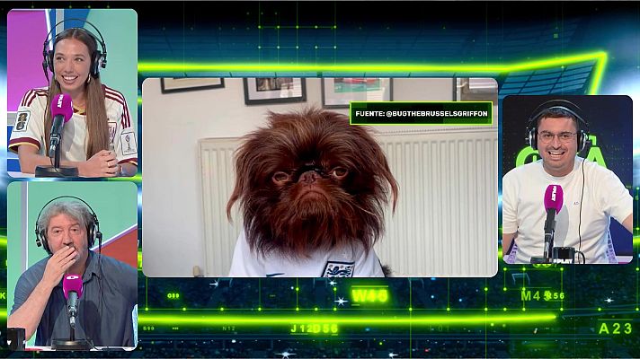 Cristina Porta, Miguel Maldonado y David Broncano participan en un programa de Playz sobre el Mundial, junto a Bug the Brussels Griffon, un perro con camiseta de Inglaterra.