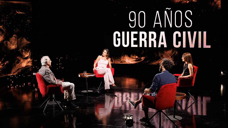 Coloquio sobre la Guerra Civil Española con Elena S. Sánchez y otros tres participantes en un plató de televisión, con el texto "90 AÑOS GUERRA CIVIL" de fondo.