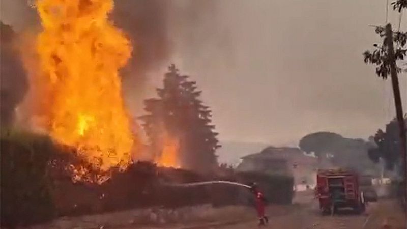 Bombero extingue incendio de vegetación con manguera, rodeado de humo denso y llamas intensas. Camión de bomberos visible en el camino.