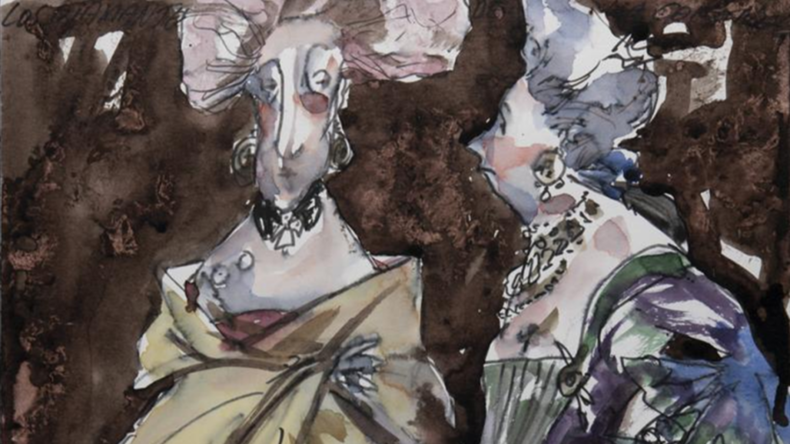 Ilustración en acuarela de dos mujeres con trajes de época, una de ocre y otra multicolor, dialogando. Título manuscrito: "Los diamantes de la corona".