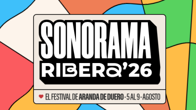 Cartel promocional del festival "Sonorama Ribera'26" en Aranda de Duero, del 5 al 9 de agosto. Destaca el nombre del evento en letras blancas sobre fondo abstracto.