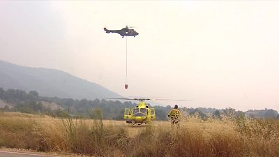 Helic�ptero verde en acci�n contra incendio forestal, mientras helic�ptero amarillo y bombero BRIF esperan en tierra. Paisaje seco y brumoso.
