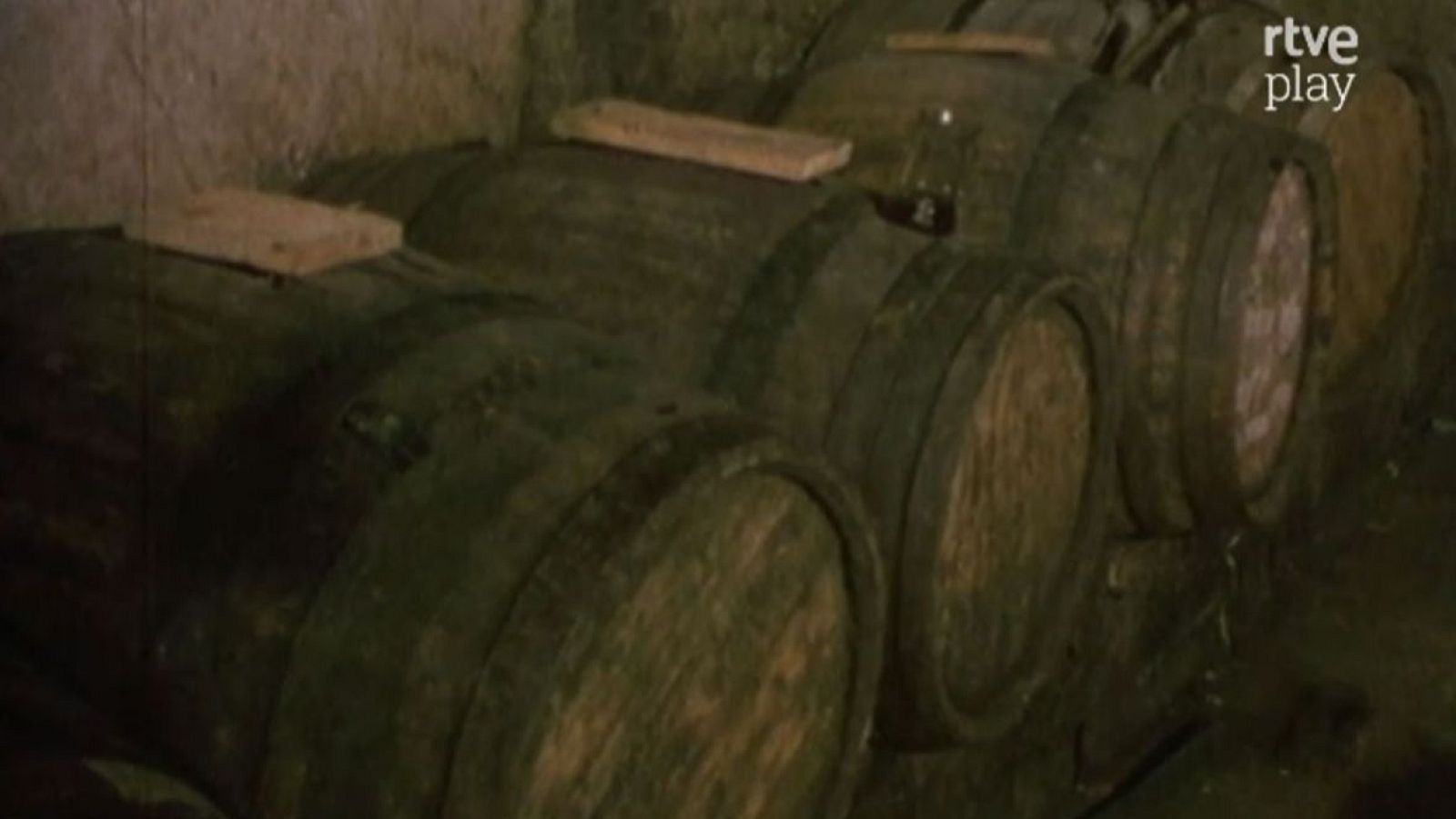 Barricas de vino de madera oscura apiladas en una bodega rústica, con el logo "rtve play" en la esquina superior derecha. Ambiente de bodega tradicional en Castilla.