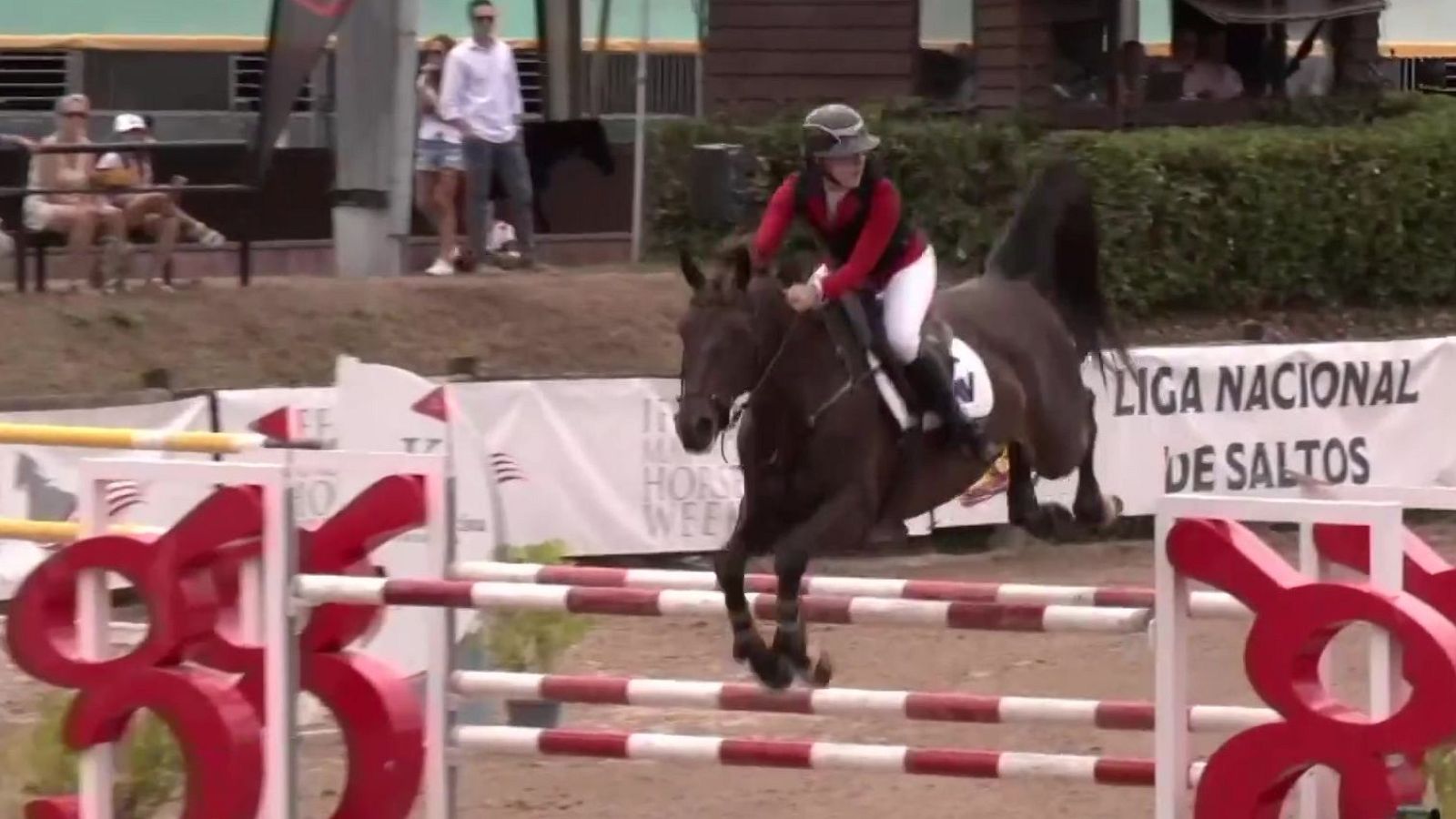 Jinete y caballo oscuro saltan un obstáculo a rayas rojas y blancas en la "LIGA NACIONAL DE SALTOS". El caballo luce una manta con la letra "W".