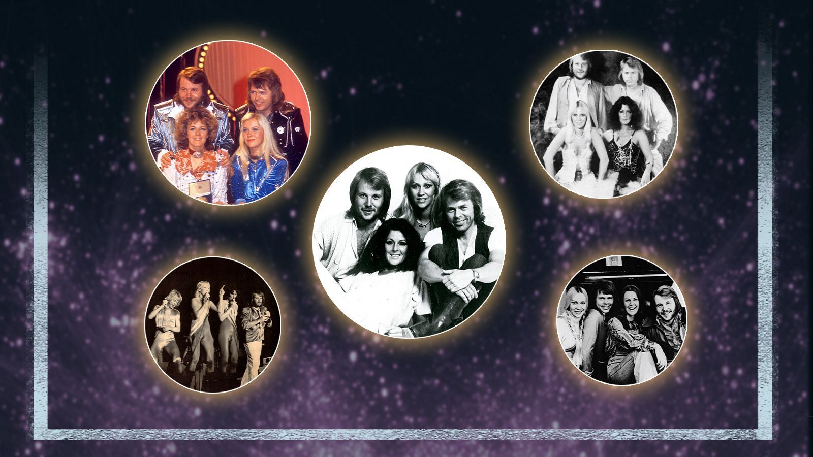 Composición visual de cinco círculos con imágenes de ABBA, incluyendo fotos a color y blanco y negro, sobre un fondo estrellado. Celebración del grupo musical.