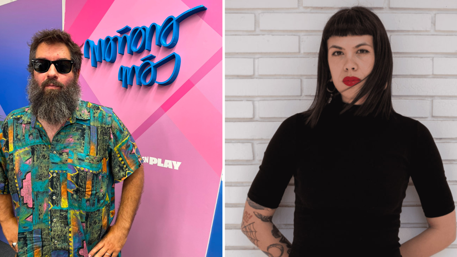 D�ptico promocional con Miguel Marcos y Alicia Vald�s. Miguel luce gafas y fondo degradado con "Ma�ana m�s". Alicia, con tatuajes, aparece sobre pared de ladrillos.