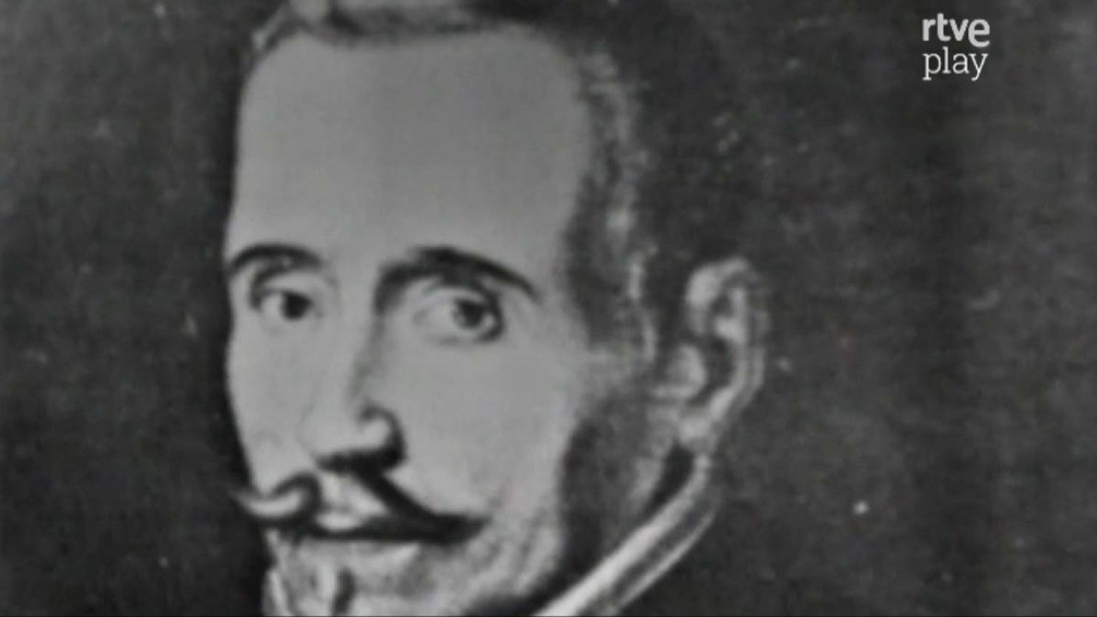 Busto en blanco y negro de Félix Lope de Vega, poeta del Siglo de Oro, con mirada penetrante y vestimenta de época. Logo de "rtve play" en la esquina superior derecha.
