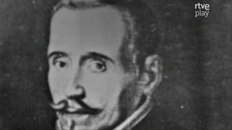 Busto en blanco y negro de Félix Lope de Vega, poeta del Siglo de Oro, con mirada penetrante y vestimenta de época. Logo de "rtve play" en la esquina superior derecha.