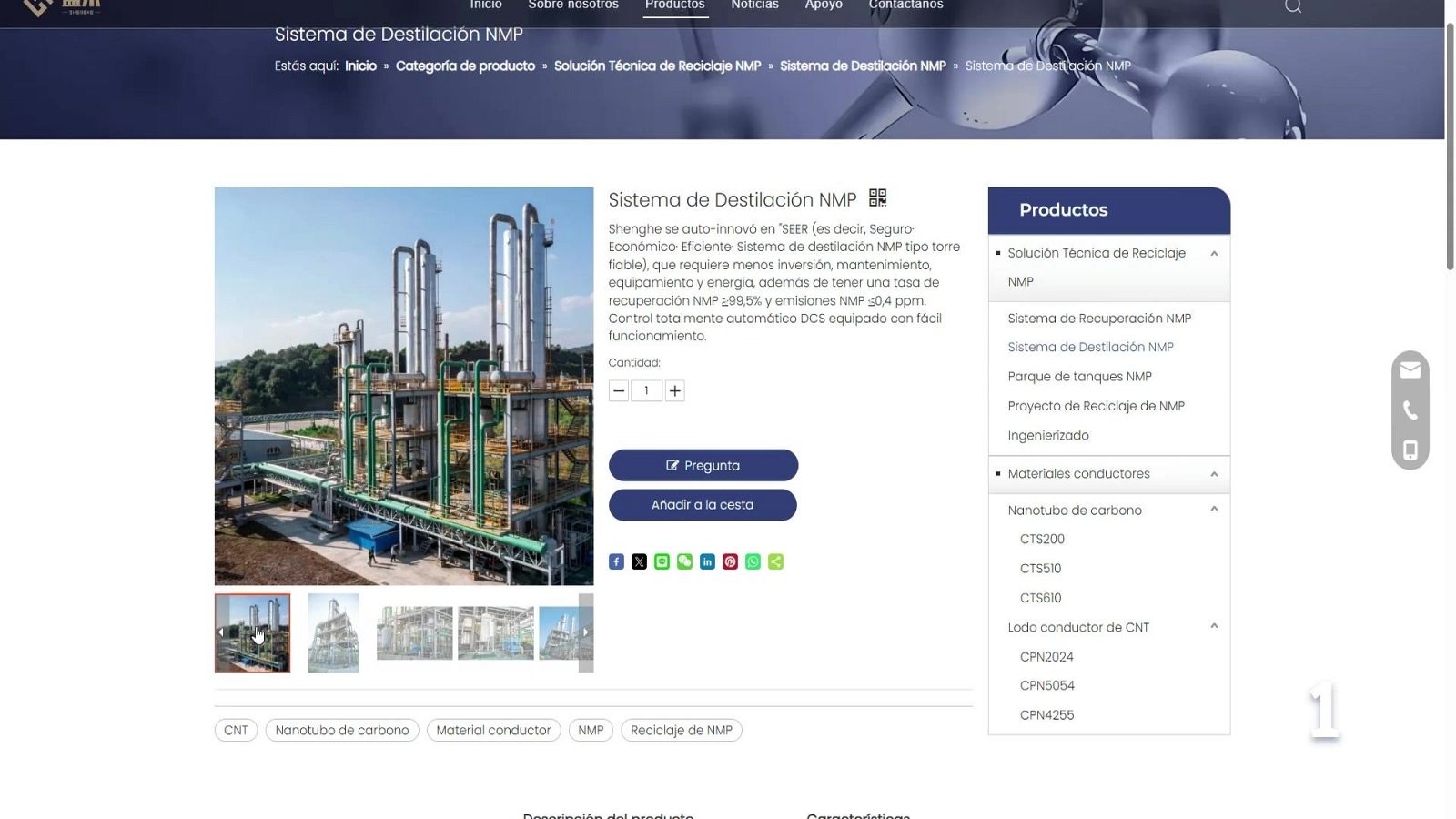 Página web de producto para "Sistema de Destilación NMP", destacando eficiencia, recuperación NMP ≥99.5%, automatización DCS y opciones de compra. Incluye navegación, detalles técnicos y barra lateral de productos relacionados.