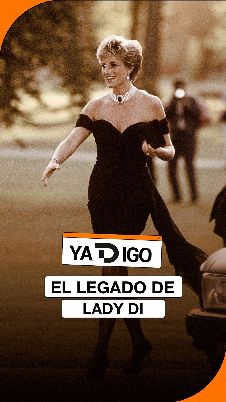 Diana, Princesa de Gales, sonríe con un vestido negro y gargantilla de perlas. "EL LEGADO DE LADY DI" es el titular superpuesto.