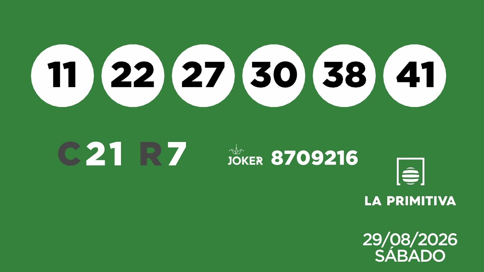 Sorteo de la Lotería Primitiva y Joker del 29/08/2026 - Ver ahora