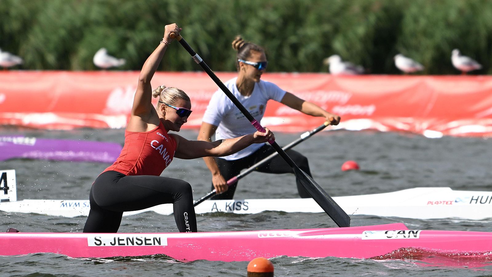 Dos piragüistas, S. Jensen (CAN) y A. Kiss (HUN), compiten en un canal. Jensen, con piragua rosa y camiseta roja, y Kiss, con piragua blanca y camiseta blanca, reman intensamente.