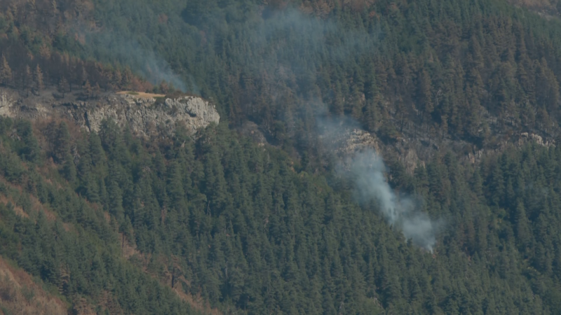 Incendio forestal activo en ladera montañosa arbolada, con columnas de humo y vegetación afectada. Se observan formaciones rocosas.