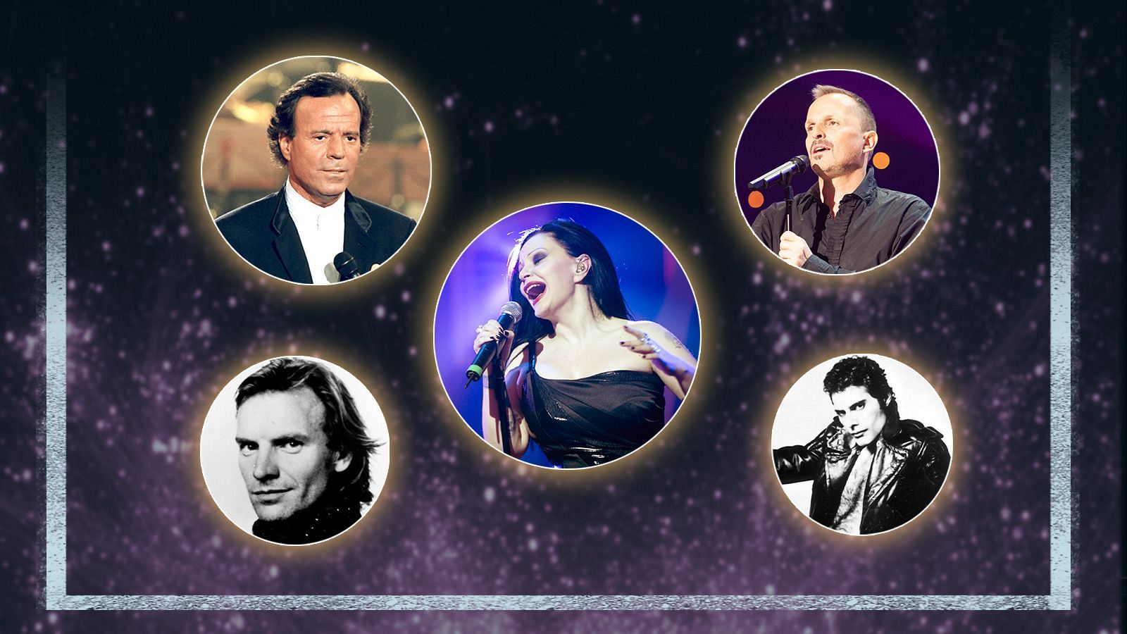 Composición de "Viaje al centro de la tele" con retratos de Julio Iglesias, Sting, Alaska, Miguel Bosé y Michael Jackson, celebrando los éxitos de los 80.