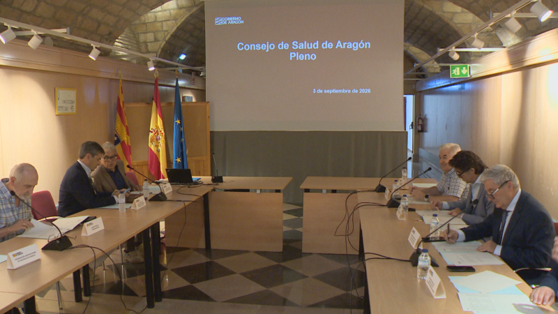 Reunión del Consejo de Salud de Aragón el 3 de septiembre de 202X, con el logo del Gobierno de Aragón en pantalla, banderas oficiales y siete hombres formales sentados en mesas.