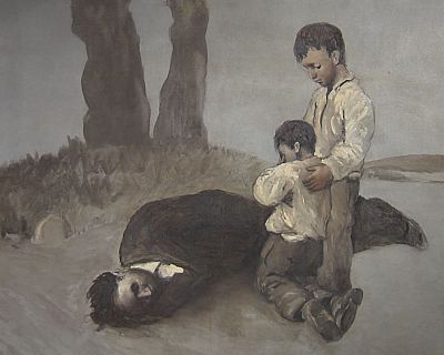 Pintura de Castelao "A derradeira leici�n do Mestre" con home morto e dous nenos en paisaxe desolada. Homenaxe a Alexandre B�veda e represaliados da Guerra Civil.
