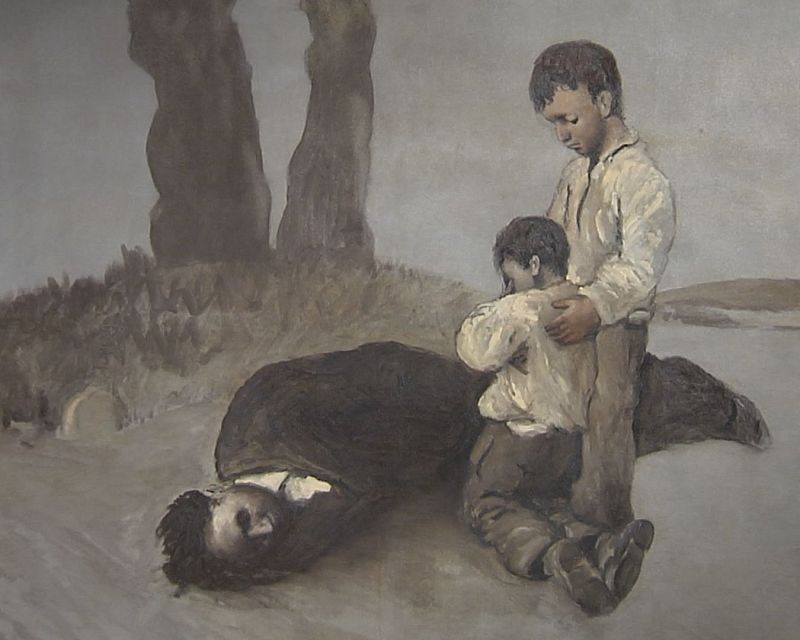 Pintura de Castelao "A derradeira leición do Mestre" con home morto e dous nenos en paisaxe desolada. Homenaxe a Alexandre Bóveda e represaliados da Guerra Civil.