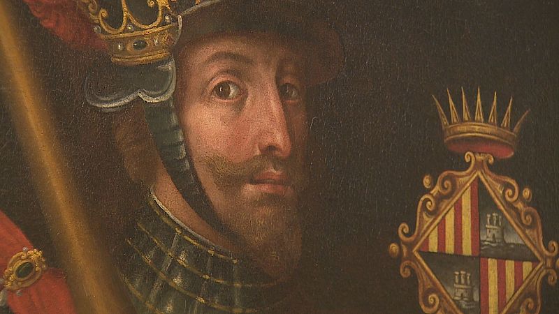 Retrato al óleo de Jaume IV de Mallorca con armadura dorada, corona y pluma roja. A su derecha, escudo con barras de Aragón y castillo.