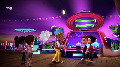 Un animador interactúa con niños en un parque de atracciones espacial con temática de feria, bajo un cielo estrellado y rodeado de atracciones y premios.