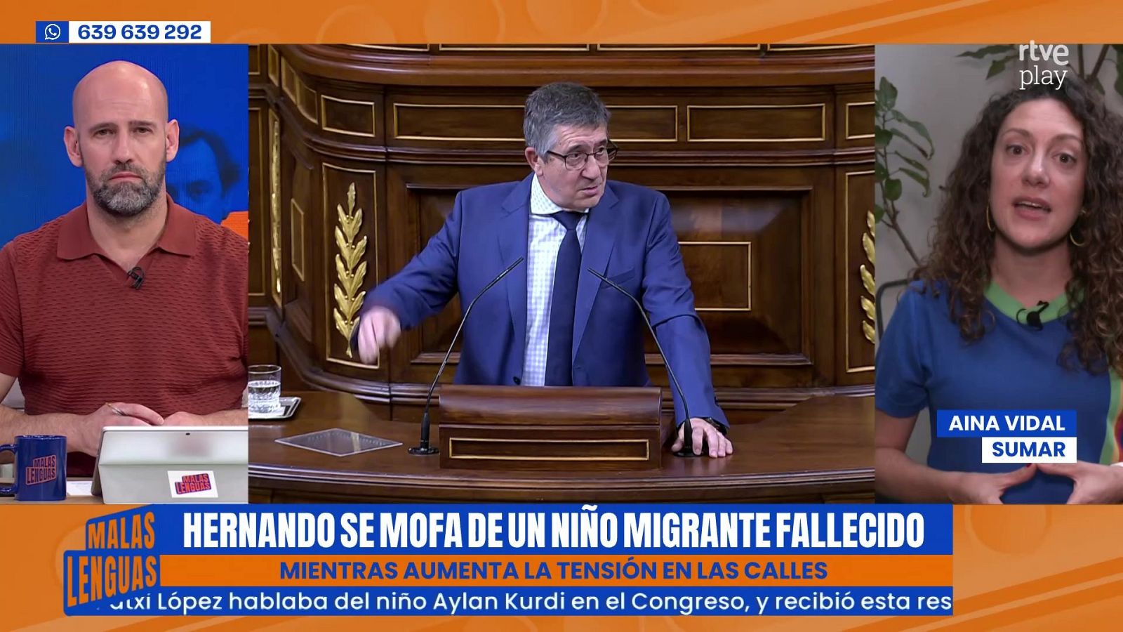 Captura de pantalla del programa "MALAS LENGUAS" con Rafael Hernando y Aina Vidal. Titular: "HERNANDO SE MOFA DE UN NIÑO MIGRANTE FALLECIDO".