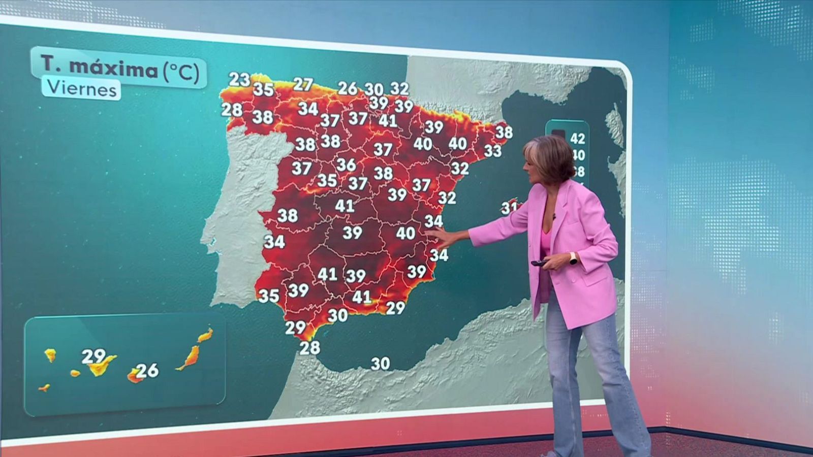 Isabel Zubiaurre presenta el pronóstico del tiempo para un viernes caluroso en España, con temperaturas máximas de hasta 42°C en la Península y 29°C en Canarias.