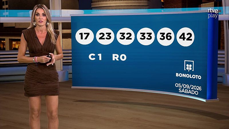 Sandra Davi� presenta los resultados de la Bonoloto del 05/09/2026 en un estudio de rtve play. Los n�meros ganadores son 17, 23, 32, 33, 36 y 42.