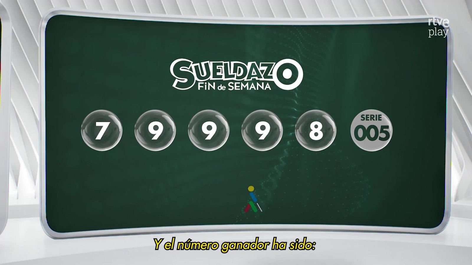Pantalla de "SUELDAZO Fin de Semana" de la ONCE con los números ganadores 79998 y serie 005. Logo de rtve play y marca ONCE visibles.