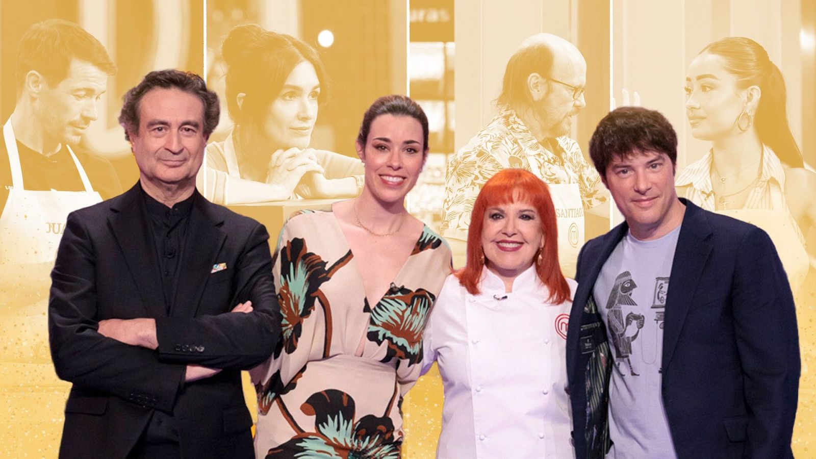 Promoción de "MasterChef Celebrity Legends" con los jueces Pepe Rodríguez, Samantha Vallejo-Nágera y Jordi Cruz, junto a una invitada, y exconcursantes como Juanma Castaño y Santiago Segura en el fondo.