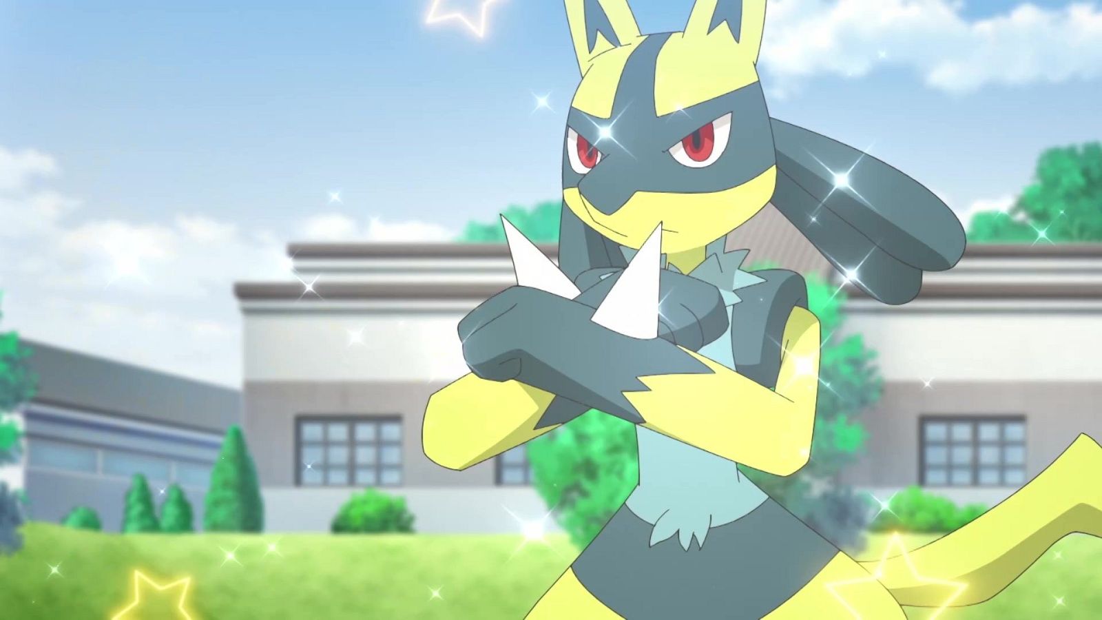 Lucario, un Pokémon canino antropomórfico de colores amarillo y gris, posa con determinación en un entorno exterior soleado, rodeado de destellos y estrellas.