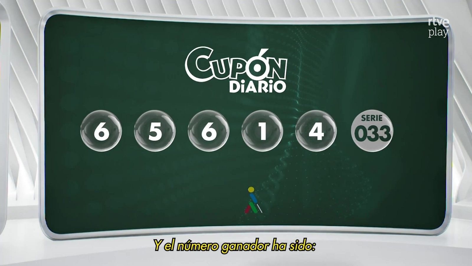 Pantalla de resultados del Cupón Diario ONCE: número 65614, serie 033. Logo "rtve play" visible. Subtítulo "Y el número ganador ha sido:".