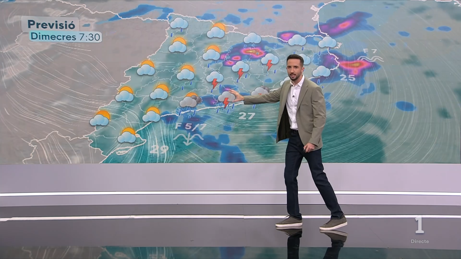 Presentador en estudio señalando mapa meteorológico "Previsió Dimecres 7:30" con detalles de tiempo y viento en la Península Ibérica. Logo "1 Directo" visible.
